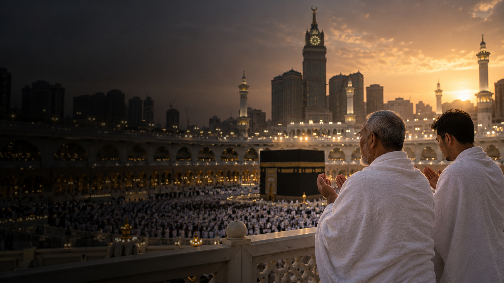 Ilustrasi ayah dan anak berdoa bersama di hadapan Ka’bah